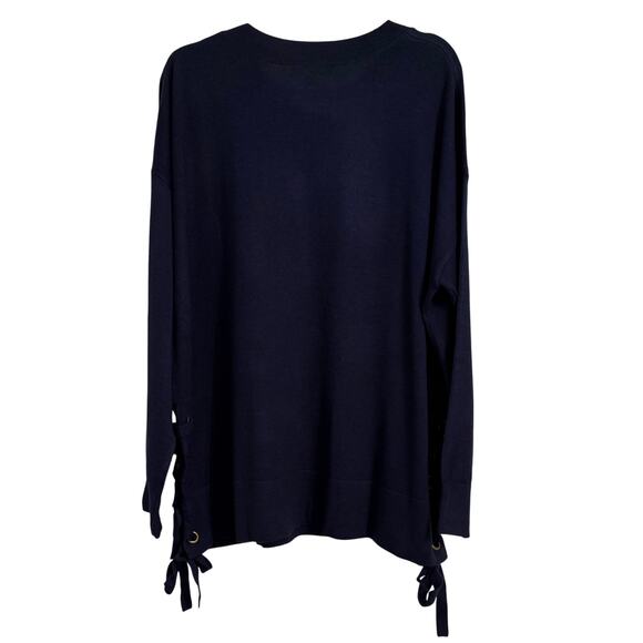 Roaman's NWOT Wool Blend Laced Up Sweater Women's 1X Navy Blue Boho Coastal - Picture 3 of 8